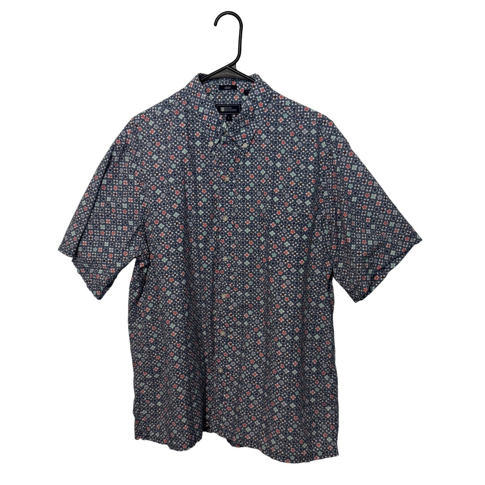 Reyn Spooner Button Down Shirt Mens Large Blue Geometric Short Sleeve Hawaiian